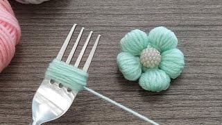 Super Easy Woolen Flower making with Fork | Easy Hand Embroidery Woolen Flower design