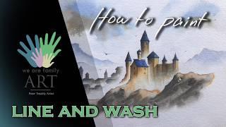 How to paint minimalistic line and wash watercolor landscape with medieval castle