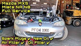 Mazda MX5 Miata FULL Service - How To Change Spark Plugs, Oil + Air Filters & New Oil.