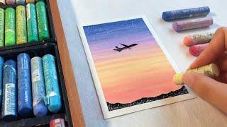 오일파스텔 초보, 정말 간단한 그라데이션 노을과 비행기 풍경화 쉬운 그림그리기 oil pastel drawing, sunset sky landscape