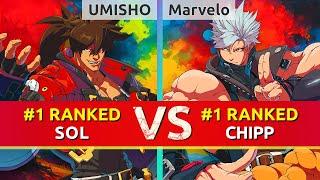 GGST ▰ UMISHO (#1 Ranked Sol) vs Marvelo (#1 Ranked Chipp). High Level Gameplay