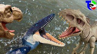 INDOMINUS Vs MOSASAURUS Vs T-REX  Jurassic World | Backyard Battles