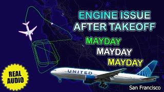 MAYDAY. Engine issue after takeoff. United Boeing 777 dumps fuel near San Francisco. Real ATC