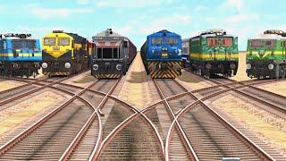 6 TRAINS CROSSING ON BUMPY FORKED RAILROAD CROSSING - Train Simulator 2022 || #RailroadÇrossing