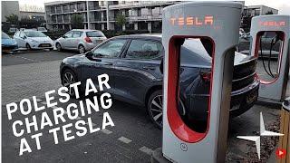 Polestar 2 charging at Tesla Supercharger