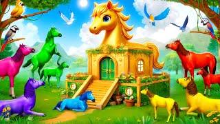 Golden Horse House Diorama: Heroic Horses Take on Lion, Tiger & Fox in Epic Rescue Adventure!