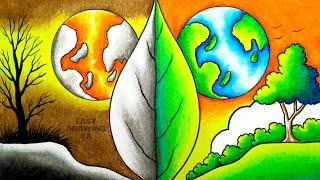 environment drawing/earth day drawing/global warming drawing/poster drawing easy oil pastel colour