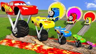 Big & Small One-Wheel Monster Truck Lightning McQueen vs Thomas Train - Cars vs Lava Pit - BeamNG