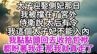 太子迎娶側妃那日，我被擋在了宮外，侍衛說，太后有令，我這個太子妃不能入內，我點點頭回去收拾包袱，都盼著我走，那我就真走了 【美好人生】