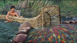 survival in the rainforest, using Rattan to lure fish, Catch fish using big traps