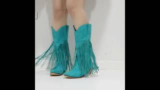 Shoes For Women Fringe Love Pattern Chunky Heels Pointed Toe Western Boots Slip On Shoes Female plus