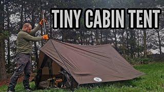 hot tent camping - firebox cast iron cooking - Dandelion shell tiny cabin & wood burning stove.