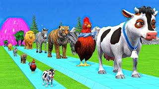 Paint & Animals Cow,Gorilla,Elephant,Lion,Tiger,Dinosaur, Fountain Crossing Transformation Cartoon