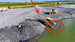 Full Video ,battery action on the project! Pour rocks into a large lake using a trucks &Wheel loader