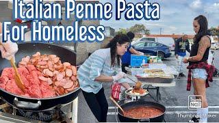 Cooking Italian Penne Pasta for the homeless