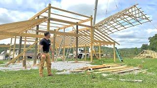 Pole Barn Build On A Budget! RAISING THE ROOF WITH A CRANE.