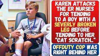 Karen Attacks The Nurses For Tending To A Boy With A Broken Leg Before Her.. Offduty Cop Humbled Her