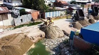 Full Videos Of Bulldozer And Dump Trucks Filling Sand Coverage The Sewage In Village