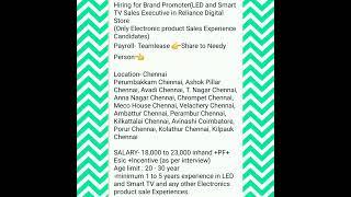 Chennai District Jobs -LED and Smart TV Sales Executive in Reliance Digital Stores