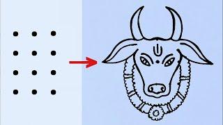 How to draw a Cow from 3×4 dots easy // Easy OX drawing // Cow Rangoli // Mattu pongal kolam