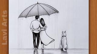 How to Draw Couple with Umbrella in Rainy day Pencil Sketch | Easy drawings | Pencil drawing| Couple