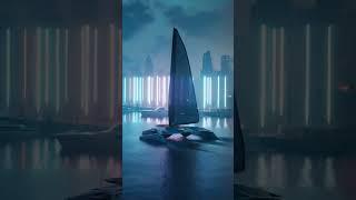 a sleek electric catamaran with solar-wing sails