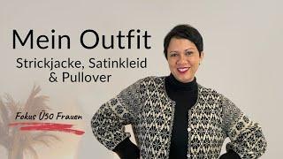 Strickjacke, Satinkleid & Pullover