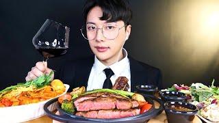 SUB)정장입고 장모님과 스테이크에 로제파스타 샐러드 와인까지 먹방 STEAK ROSÉ-PASTA SALAD WINE MUKBANG 리얼사운드 ASMR EATING SHOW