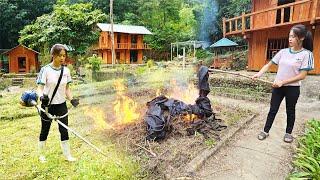 girl Mowing grass, cleaning the garden, repairing the farm p5 - lives alone in the forest