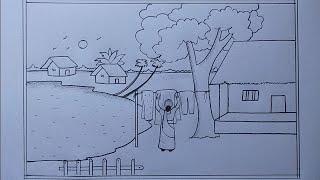 How to draw Easy scenery drawing| Village scenery drawing| Pencil drawing