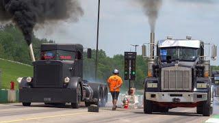 World's Baddest Semis race uphill at Unc's Semi Stampede 2023 Bobtail at Kuhnle Motorsports Park.