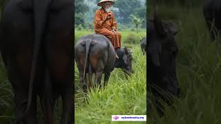 old man enjoy apple at the back of buffalo. nature life. #viralman  #buffalo  #paddyfield