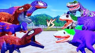 ALL PURPLE JOKER DINOSAURS vs ALL RED SPIDER-MAN DINOSAURS - Superhero Dinosaurs Team Jurassic World