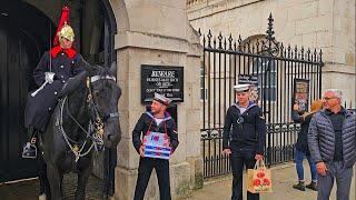 SHE'S BACK! SUPERB GUARD TELLS SAILOR SEAMAN TO GET OUT OF THE BOX at Horse Guards!