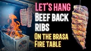 Our first attempt at hanging some beef back ribs on the brasa fire table