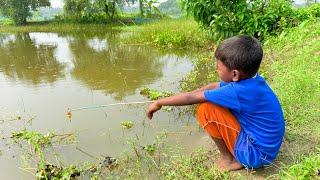 Best Fishing Videos 2024 | Traditional Boy Hunting Fish Applying Bamboo Tools Hook In Village Pond