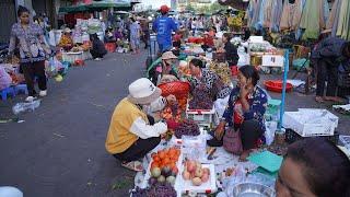 Cambodian Early Morning Food Market Scene - Plenty Rural Vegetable, Fruit & More @Chbar Ampov