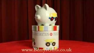 Embossed Ceramic Piggy Bank with Gift Box, Working Trucks