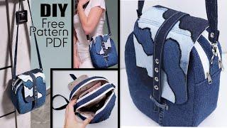 DIY Crossbody Double Sections Bag Denim Jeans Design Patchwork Idea | FREE PDF Pattern