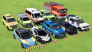 TRANSPORTING POLICE CARS, AMBULANCE, FIRE TRUCK ,WITH TRUCK, CARS GAME -FARMING SIMULATOR 22!