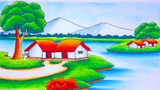 How to draw village landscape scenery | drawing beautiful village house drawing easy with colour