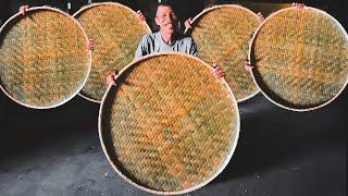 Weaving a flat sieving basket from super large 1m2 bamboo