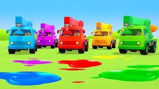 Crane trucks build a colorful tower with blocks. New episodes of Helper Cars cartoons for kids.