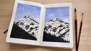 Paint a snowy mountain landscape with me | step by step watercolor tutorial