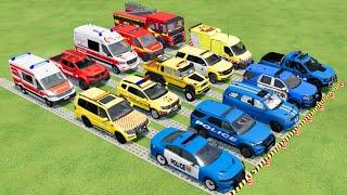 TRANSPORTING ALL POLICE CARS, AMBULANCE, FIRE TRUCK, COLORFUL CARS WITH TRUCK -FARMING SIMULATOR 22!