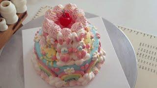 미니 2단케이크 귀여운거 다 있는 레터링케이크 만들기 /satisfying cake decorating video/rainbow cake/korean cake