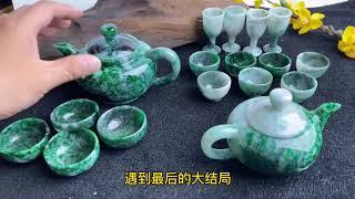 缅甸翡翠赌石【翡翠直播加工设计一套飘阳绿花翡翠茶壶】达到收藏品质的翡翠摆件艺术品蜕变过程