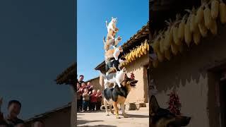 7 cats are stacked layer by layer. The dog at the bottom is really amazing