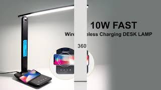 Wireless Charging LED Desk Lamp 10W With Calendar Temperature Alarm Clock Eye Protect