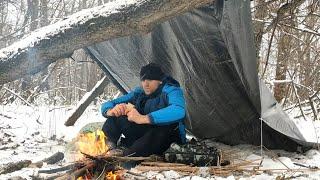 Solo bushcraft winter camping | Smoking meat over a fire | Shelter from the storm